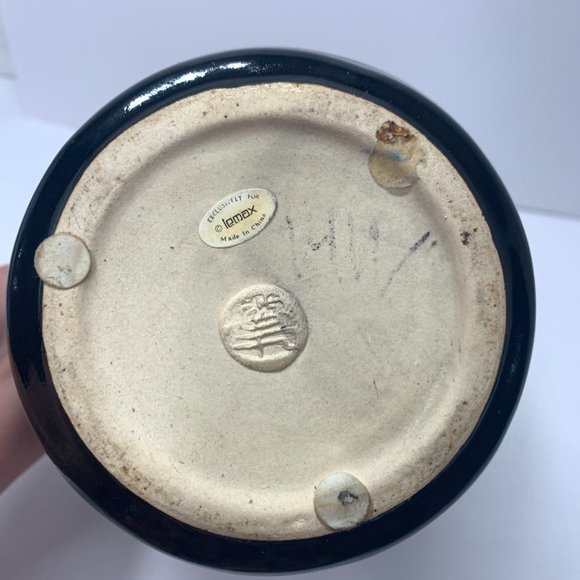 Lemax Shiwan Vintage Pottery Vase Two Handled Jug Geometric Cobalt Blue Cream - Picture 5 of 6